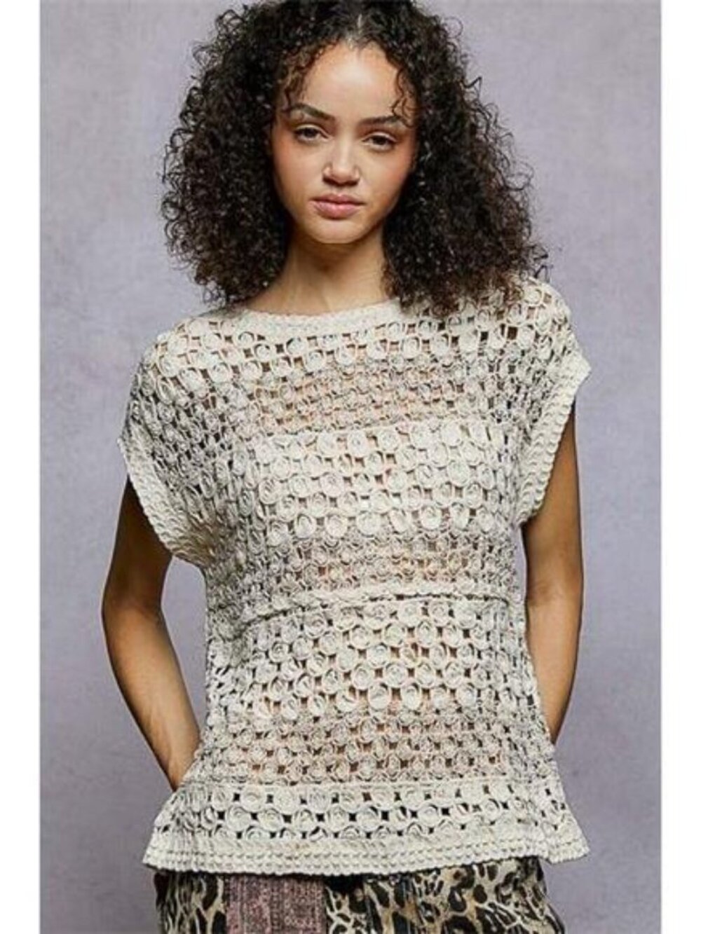 POL Openwork Round Neck Crochet Top
